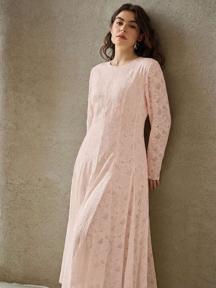 PLUS SIZE WOMEN'S SPRING LACE ELASTIC LONG SLEEVE DRESS