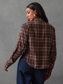 NYA SZN 棕色格子长袖衬衫，纽扣领，商务休闲宽松款式，适合节日、假日派对等场合，尽显奢华优雅，女士必备单品 - 咖啡棕 - 查看 2