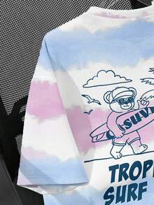 Tween Boy White And Blue Tie-Dye Short Sleeve T-Shirt,Summer Casual Vacation Holiday Skateboard Surfing Bear Coconut Tree Graphic Tee,Comfortable Tops - Multicolor - View 5