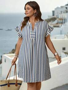 Parysyn 大码休闲条纹V领连衣裙 - 藍色 - 查看 4