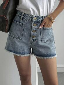 Livesso Quần short denim nữ bằng cotton, viền rách, kiểu dáng thường ngày, thích hợp cho mùa hè. - Rửa nhẹ - Xem 3