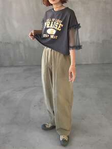 FRIFUL Women's Street Style Graphic Print Mesh Patchwork T-Shirt - Grey - View 6