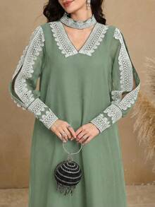 SHEIN Najma Đầm nữ thanh lịch với ren hoa và tay áo xẻ tà - Màu xanh Bạc hà - Xem 5
