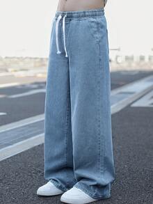 Quần jeans ống đứng thoải mái phong cách vintage Y2K cho bé trai tuổi teen, dễ phối đồ, cạp chun co giãn có dây rút, thiết kế thoải mái, thích hợp mặc hàng ngày và mùa hè xuân. - Rửa trung bình - Xem 6