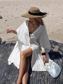 Livesso 女士V领宽松开襟休闲优雅和服罩衫 - 白色 - 查看 2