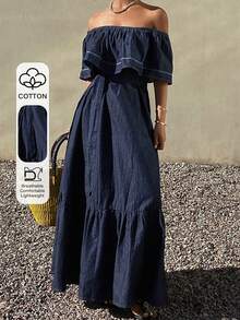 DAZY Vestido largo y súper holgado de mujer, vestido de mezclilla lavada de estilo vacacional - Azul lavado oscuro - Ver 1