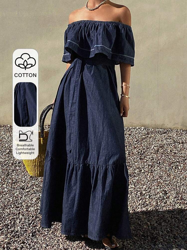 Women's Off Shoulder Super Long Dress, Vacation Style Washed Denim Dress