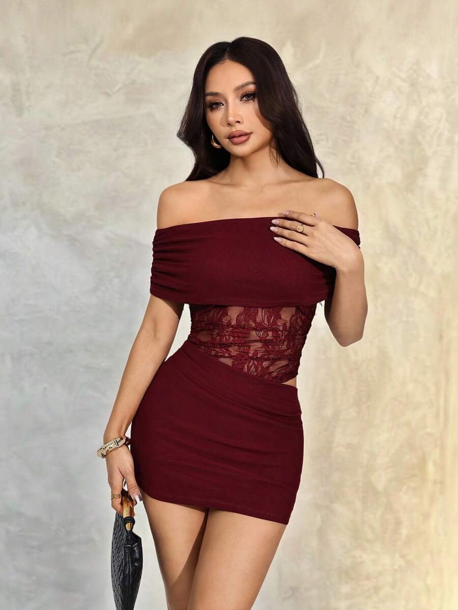 SHEIN PETITE 女士性感优雅露肩腰部镂空透视蕾丝撞色网纱迷你连衣裙 - 酒紅色 - 查看 1