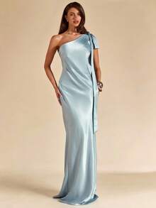 SHEIN BAE Đầm satin màu xanh băng giá với thiết kế cổ bất đối xứng, thanh lịch, thích hợp cho khách dự đám cưới, phù dâu hoặc các buổi tiệc xã giao. - Màu xanh lam - Xem 6