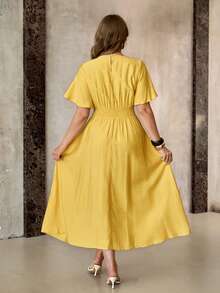 Roveilla Women's Mustard Yellow Summer Elegant Tea Party Dress,French Vintage Chiffon Round Neck Puff Sleeve Cinched Waist Ruched Gown Wedding Guest Dress - Light Yellow - View 2