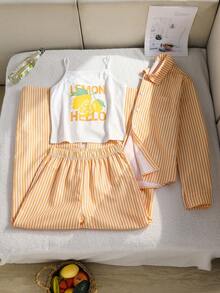 SHEIN 3件套少女宽松休闲条纹印花衬衫，前短后长设计，搭配印花背心和阔腿裤，适合日常、通勤、休闲、度假、派对、街头穿搭。 - 橘色 - 查看 3