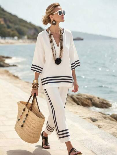 SHEIN Holidaya Áo sơ mi nữ đi nghỉ mát, cổ chữ V dáng rộng, tay lỡ 3/4, trang phục đi nghỉ mát cho nữ, trang phục ngày lễ cho nữ, kỳ nghỉ, áo đi nghỉ mát, trang phục ngày lễ, áo sơ mi nữ thường ngày, áo mùa hè, bãi biển, áo đi biển, trang phục đi biển, đồ đi biển cho nữ, áo đi nghỉ mát mùa hè mới cho nữ.