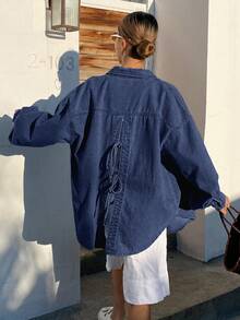 DAZY Áo khoác denim nữ dáng rộng, thoải mái, phong cách nghỉ dưỡng, có nơ, thích hợp cho mùa xuân và mùa hè. - Màu xanh lam - Xem 4