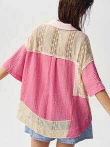 Bohemela Chemise décontractée pour femmes à manches courtes, coupe ample, en patchwork tissé - Rose bonbon - Voir 2