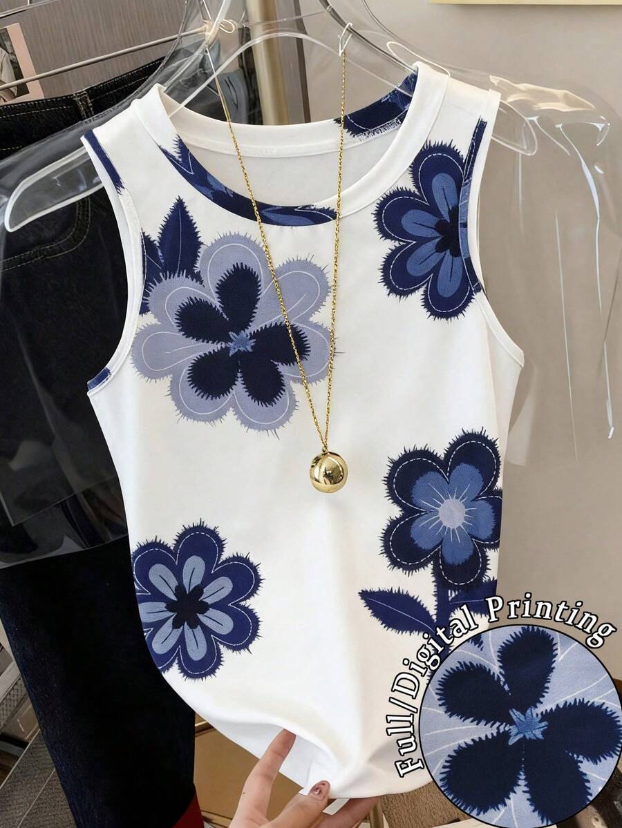 Resyla Casual Floral Print Round Neck Tank Top, Summer - Multicolor - View 1