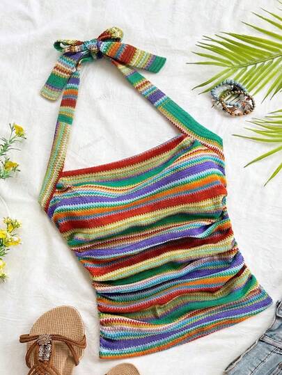 SHEIN Camiseta de tirantes de cuello halter a rayas de colores para adolescentes, adecuada para vacaciones de verano