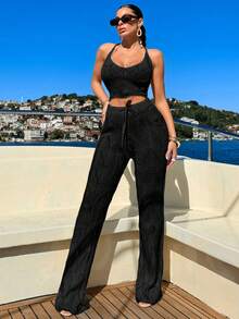 RueChic Crochet Jacquard Cami Top & Cover Up Set - Black - View 4