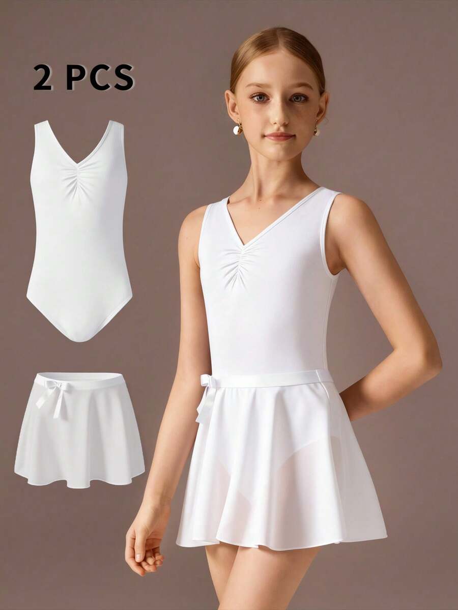 Tween Girls Ballet Leotard & Skirt Set, White Sleeveless High Stretch Leotard With Pleated Bust Design Paired With Soft Chiffon Skirt - White - View 1