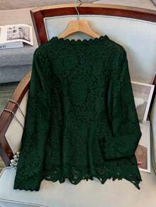 GlowEve CURVE Plus Size Women Lace Round Neck Long Sleeve Loose Elegant Blouse - Dark Green - View 2