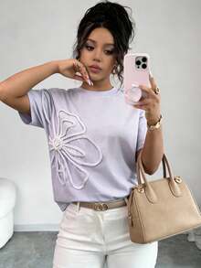 Selianne 简约百搭女士短袖T恤，饰有花朵泡泡图案 - 淡紫色 - 查看 4