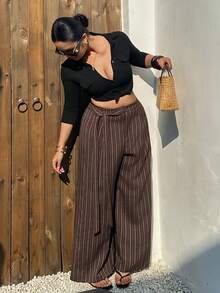 Dazy Plus Plus Size Women Loose Striped Casual Pants With Waist Tie, Suitable For Commuting, All Seasons - Brown - View 5