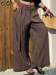 Dazy Plus Plus Size Women Loose Striped Casual Pants With Waist Tie, Suitable For Commuting, All Seasons - Brown - View 6