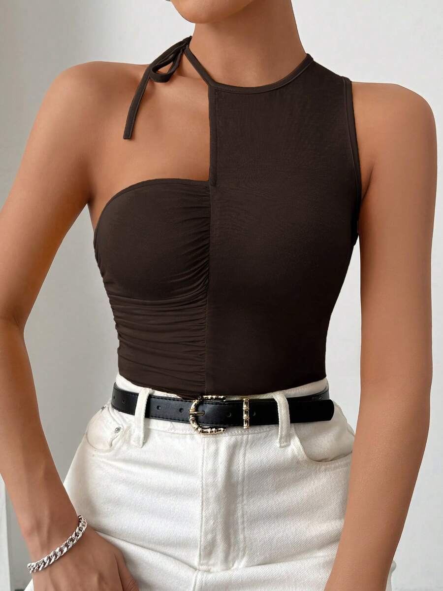 SHEIN Essnce Áo dệt kim lệch vai kiểu dáng thường ngày, thích hợp cho mùa xuân/hè. - Cà phê nâu - Xem 1