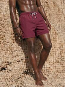 ZELFYO Men Solid Drawstring Waist Swim Trunks - Burgundy - View 1