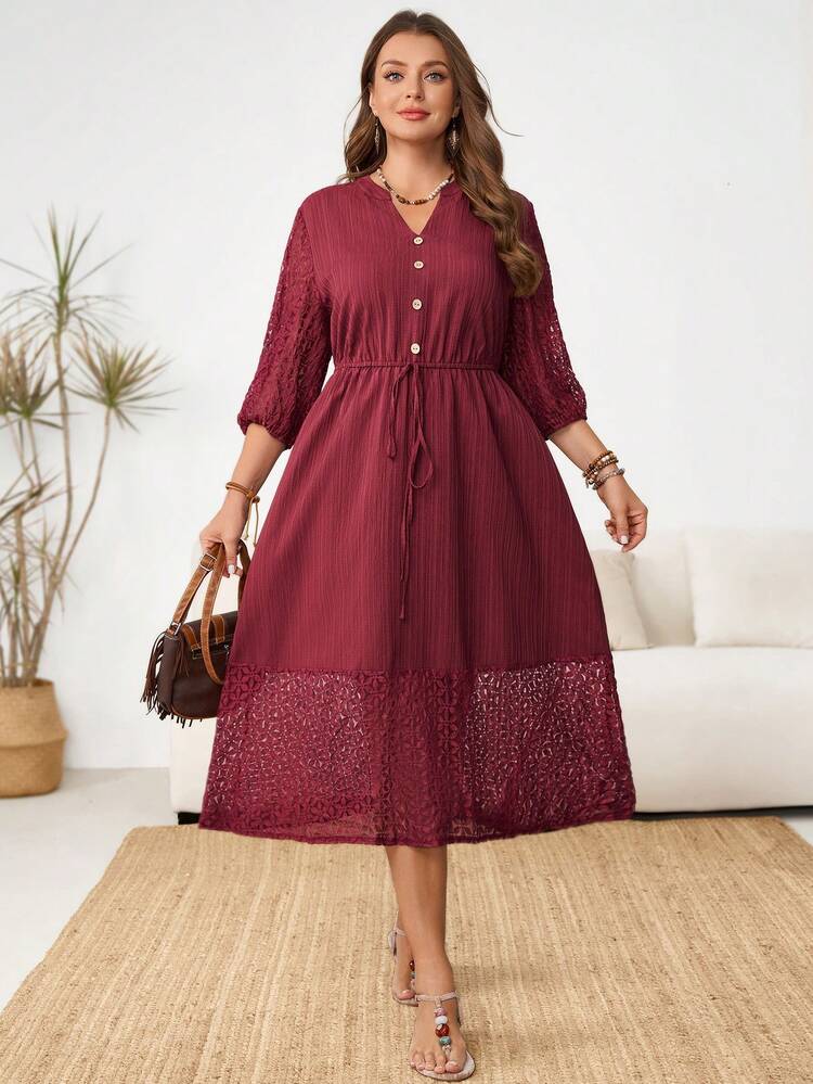 Plus Size Women's V-Neck Lace Patchwork Ruffle Fashion Date Dress, Summer Outfit For Women,Spring Outfit Women,Casual Dresses For Women,Vacation Outfits Women,Country Concert Outfit,Country Outfits For Women,Summer Holiday Outfits Zanzea Dress For Women Plus Size Dress For Women Buissness Casual Women Dress Picnic Dresses For Women