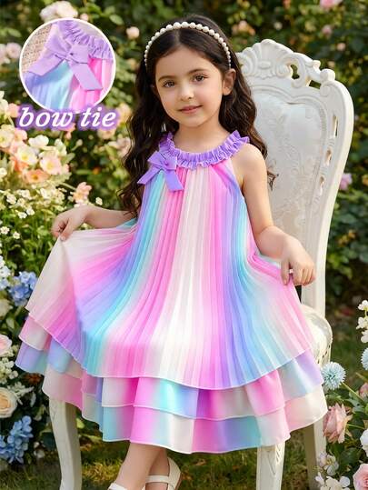 SHEIN Young Girls Colorful Ombre New Dress, Woven Fabric Ombre Pleated Dress, Front Pink Solid Bow Decor 3-Layer Dress, Suitable For Young GirlCute, Elegant, Casual Fashion, Suitable For Daily, School, Outing, Holiday, Spring/Summer.