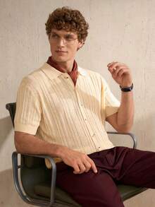 Manfinity CityGents 男士纯色短袖单排扣休闲针织衫 男士钩针衬衫 男士保龄球衫 米色衬衫 - 彩色 - 查看 4