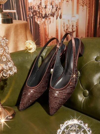 CUCCOO TILAWA Women Shoes Pointed Low Coarse Heel Brown Full Diamond Fashion Gorgeous Banquet Party Women's Flat Shoes Slingback Slingback Flat Shoes Women's Shoes