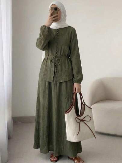Solavon Women's Casual Solid Color Textured Long Sleeve Top And Skirt 2 Pieces Set, Autumn Modest Two Piece Set 2 Piece Linen Sets Woman Green Outfits For Women Shirt And Skirt Set
