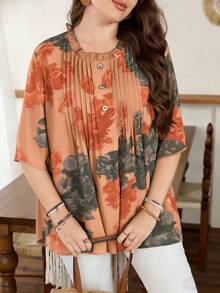 Lacomfia Áo kiểu nữ cỡ lớn dáng rộng bằng chiffon in họa tiết, chi tiết sọc phía trước, tay lửng, có lớp lót, thích hợp cho các dịp thường ngày vào mùa xuân và mùa hè. - trái cam - Xem 3