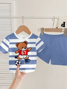 SHEIN Baby Boy Casual Minimalist T-Shirt Set Suitable For Summer, Classic Striped Print, Cute Cartoon 67 Football Bear Graphic Print - Multicolor - View 3