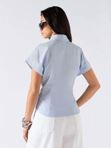 LYSMO 2026 New Arrive Minimalism Spring/Summer Women's Solid Color Mandarin Collar Button Waist Short Sleeve Minimalist Office Shirt - Baby Blue - View 2