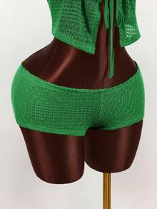 Amplova Deep V-Neck Halter Tie-Up Super Low Waist Striped Mini Shorts 2 Pieces Set - Green - View 5