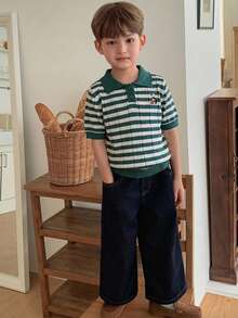 Dazy Kids Cartoon Bear Pattern Striped Short Sleeve Casual Polo Sweater For Young Boy Summer - Dark Green - View 6