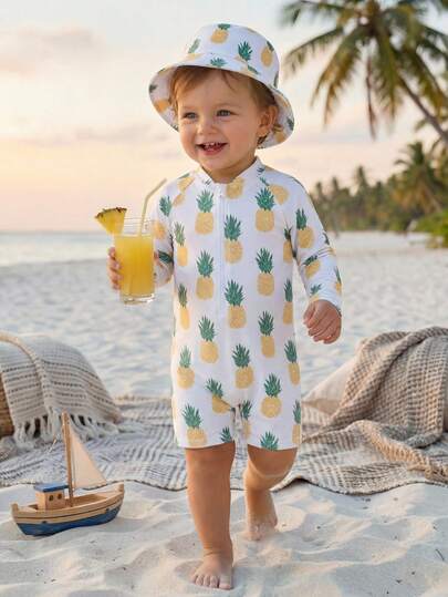 SHEIN Bộ 2 món đồ bơi in hình chanh cho bé trai và bé gái, kèm mũ chống nắng, thích hợp cho kỳ nghỉ hè ở bãi biển/hồ bơi.