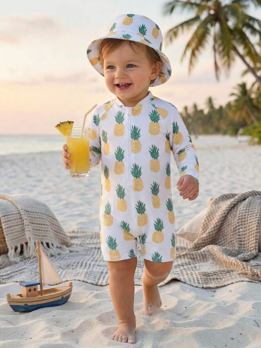 SHEIN 2pcs/Set Lemon Print Unisex Baby Swimsuit With Sun Hat, Summer Beach/Pool Vacation Outfit - Multicolor - View 1