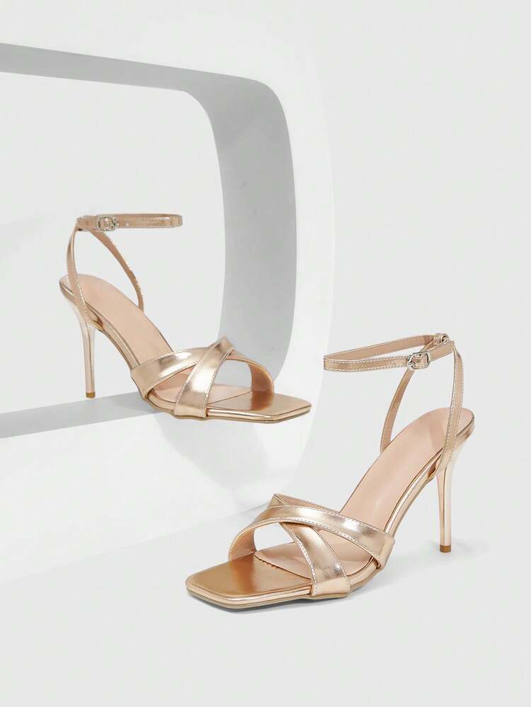 CUCCOO SZL Women Shoes Spring And Summer New Champagne Mirror Cross With Ankle Strap Simple Women's High Heel Sandals Fashion Comfortable Versatile Sexy Party Banquet Women's Sandals Prom Heels