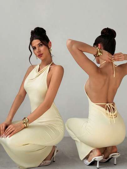 Firerie Vestido largo elegante sin espalda con cuello drapeado en amarillo maíz, adecuado para la temporada de carnaval, uso diario, San Valentín, citas, fiestas, bodas, invitados, vacaciones, ocasiones de primavera/verano como graduación, actuaciones, trabajo, regreso a la escuela, cumpleaños, festivales, estilo bohemio, vacaciones