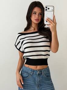Firerie Women's Striped Asymmetric-Shoulder Short Sleeve Cropped Knit Top - Black - View 5
