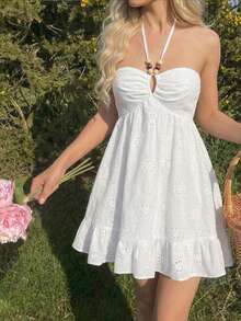 SHEIN MOD Women's Vacation Casual Solid Color Hollow Embroidery Backless Halter Mini Dress - White - View 1