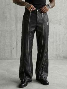 AXEPEAK Men's Zipper Decor Button Casual Wide Leg Pants - Black - View 2