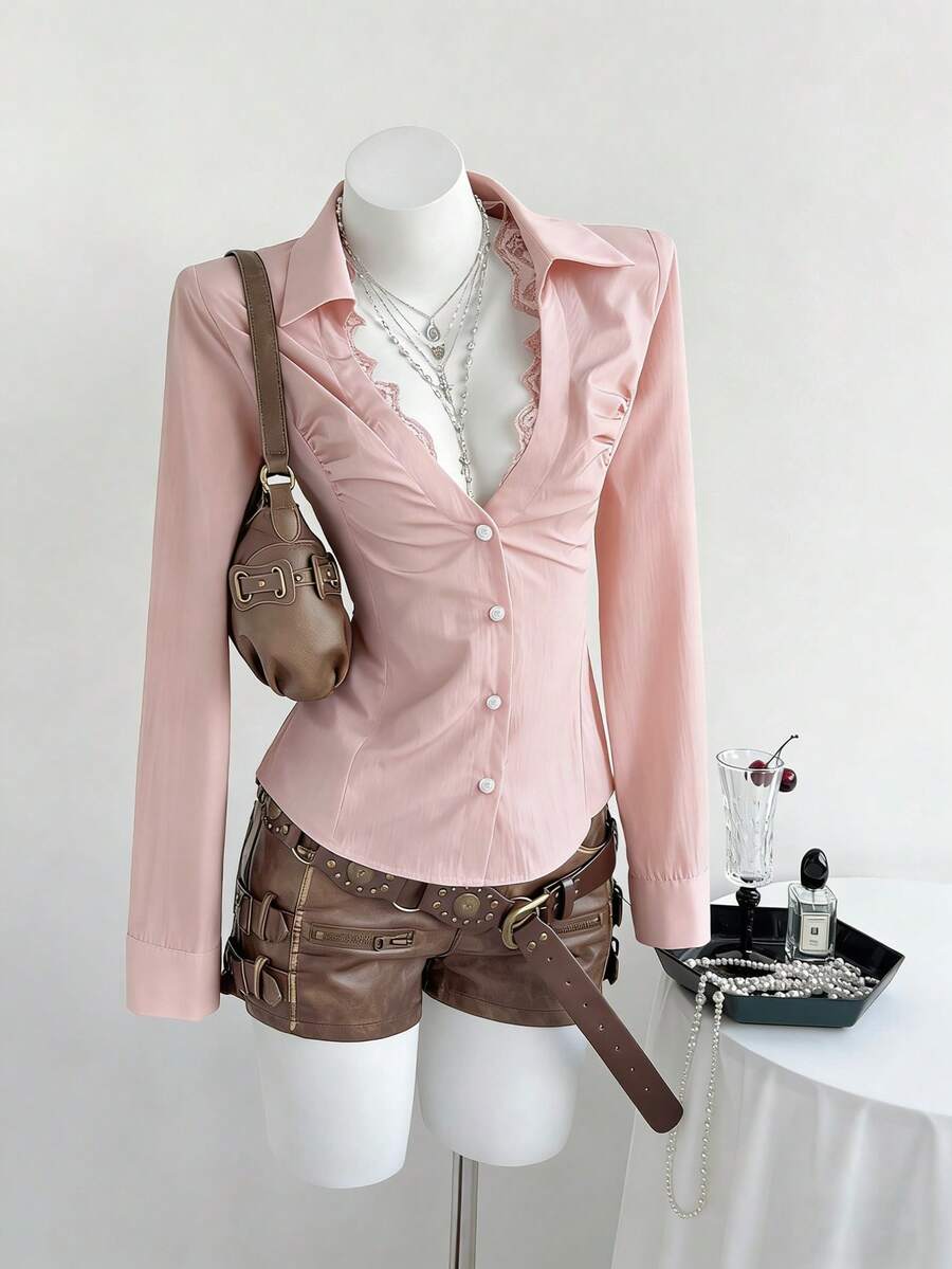 Elamini 性感深V领蕾丝领修身长袖衬衫 - 淺粉色 - 查看 1