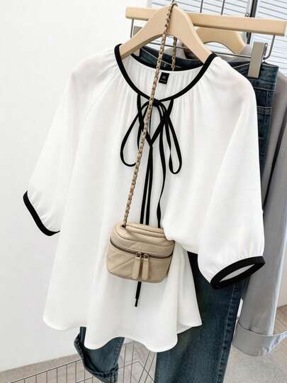 Linhara Plus Size Women's Spring/Summer Semi-Sheer Imitation Linen Fabric Classic Black & White Contrast Minimalist Fashion Pullover Blouse, Suitable For Daily Commute