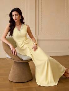 ZEYLAH Đầm ren phối nhiều mảnh thanh lịch, thắt eo, thích hợp cho mùa xuân/hè. - Màu vàng - Xem 5