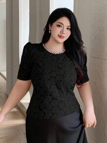 Dazy Plus 花卉印花泡泡袖短袖套头衫，优雅春秋季T恤，适合大码女性夏季派对穿着 - 黑色 - 查看 4