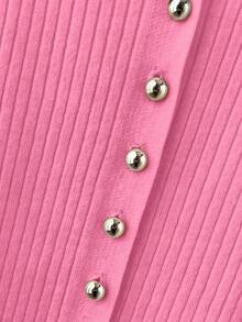SHEIN Franclia 新款夏季休闲宽松百搭简约优雅柔软Polo衫，适合办公室、工作、通勤等场合，金属纽扣设计，修身剪裁，款式简洁大方，男女皆宜，极简女式开衫 - 玫紅色 - 查看 6